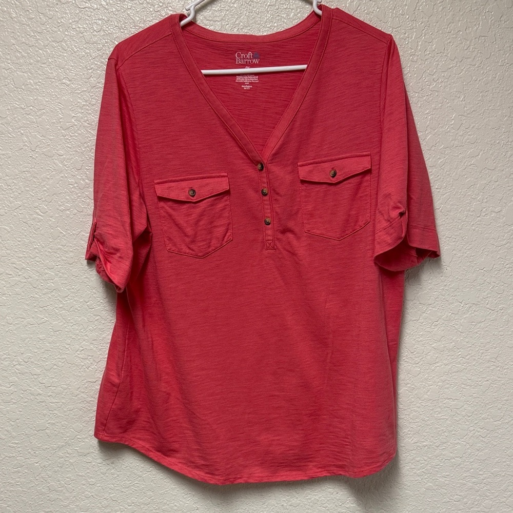 CROFT & BARROW Pink Salmon V-Neck Blouse Size OX
